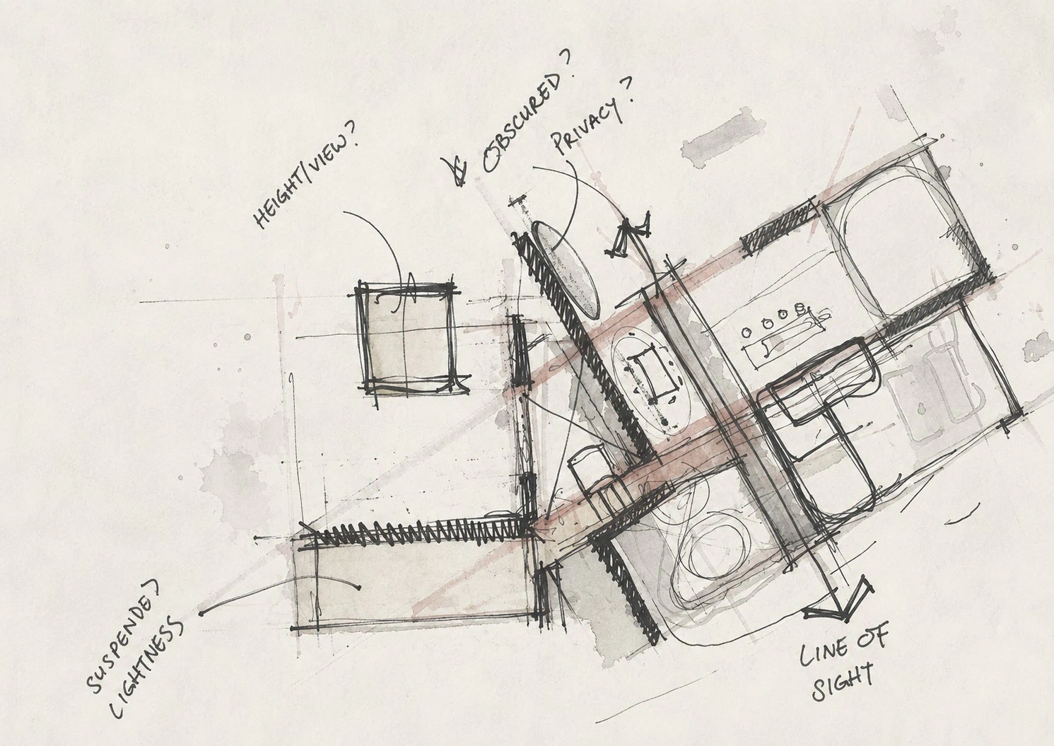 Hand-drawn residential concept sketch considering height, views, privacy and light.